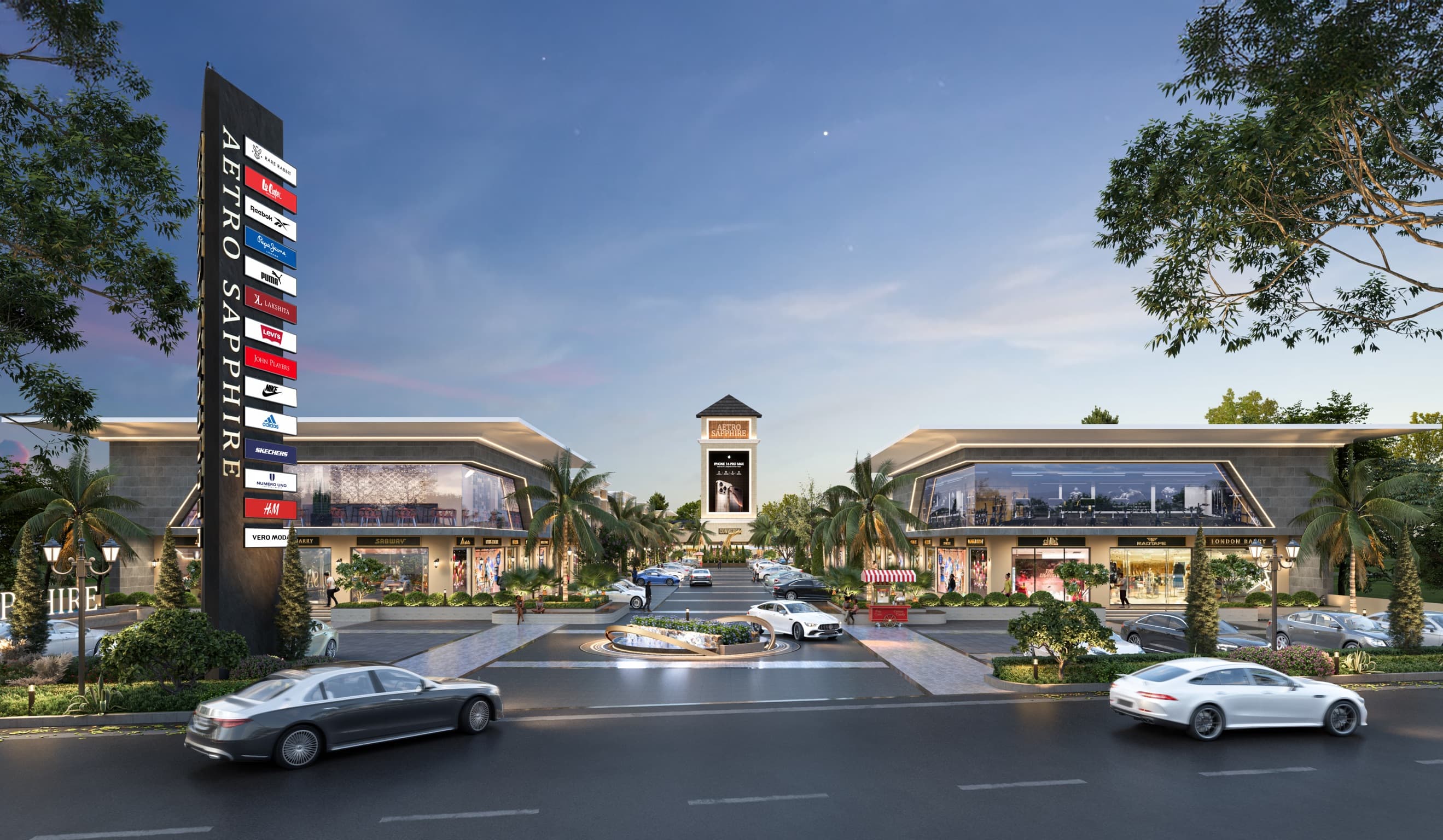 Retail plaza visualization with branded shopfronts at dusk
