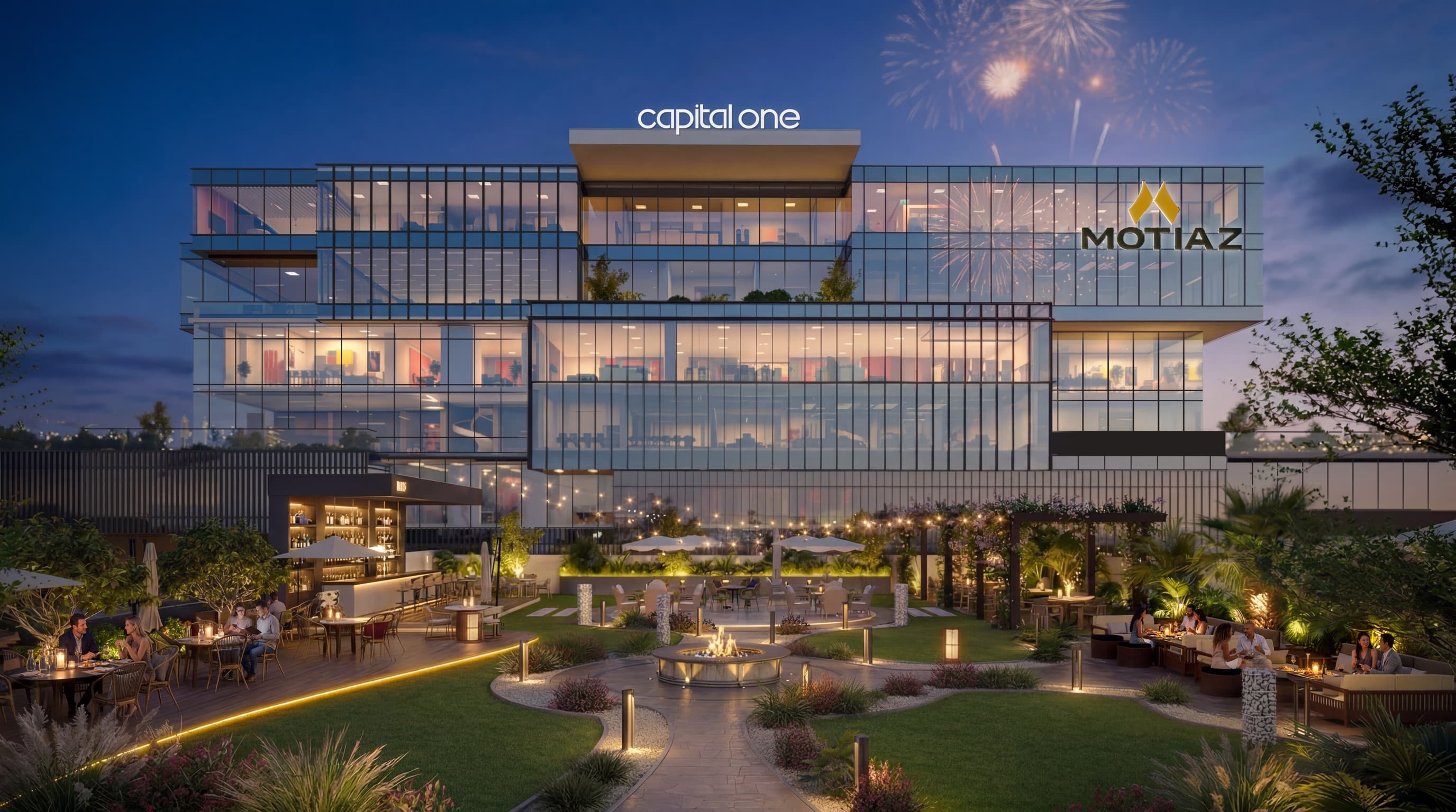 Corporate rooftop terrace visualization with fireworks at night
