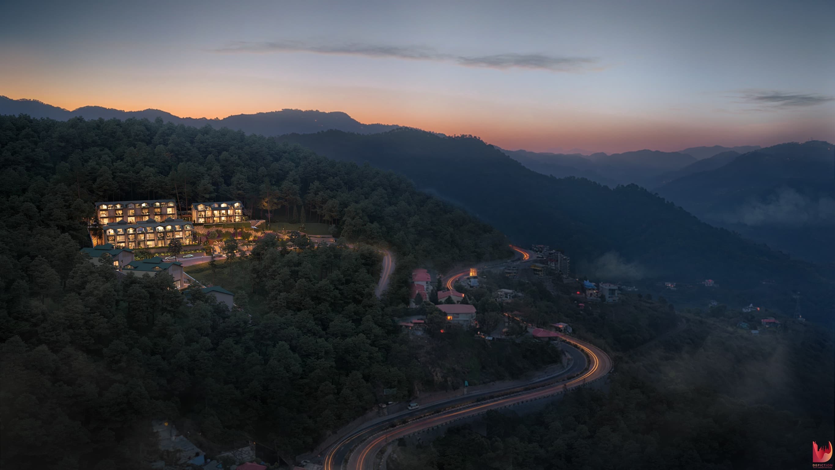 Aerial twilight visualization of a mountainside residential masterplan