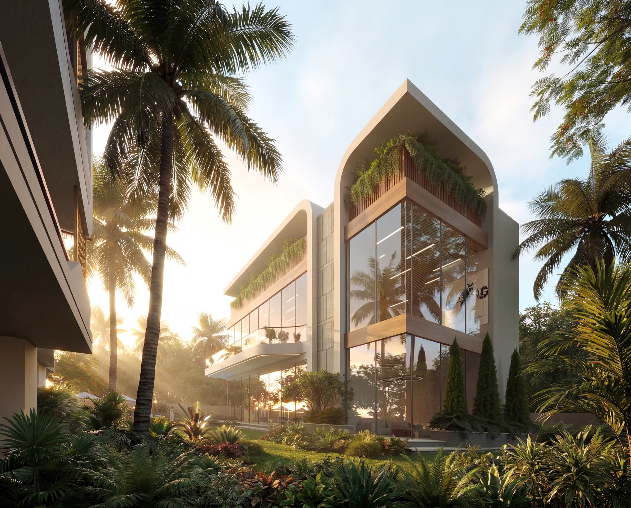 Contemporary arched-roof villa nestled in tropical landscaping